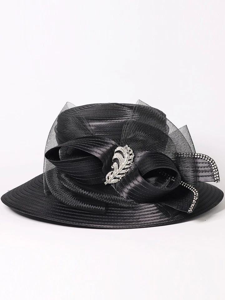 Sombrero de navegante de iglesia Fedora Derby negro ala grande satinado fascinadores sombreros para mujer Foto 2 de 4