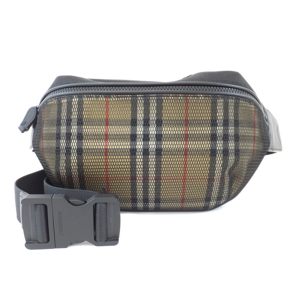 Burberry Mesh Belt Bag Check Beige Black Metal Fittings Clip Strap Zip Body Ba