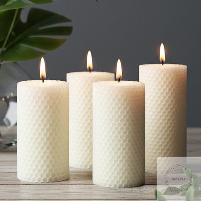 White Hand-Rolled Beeswax Candles, 4 Packs, 2x4 Inch White Honeycomb Pillar Cand