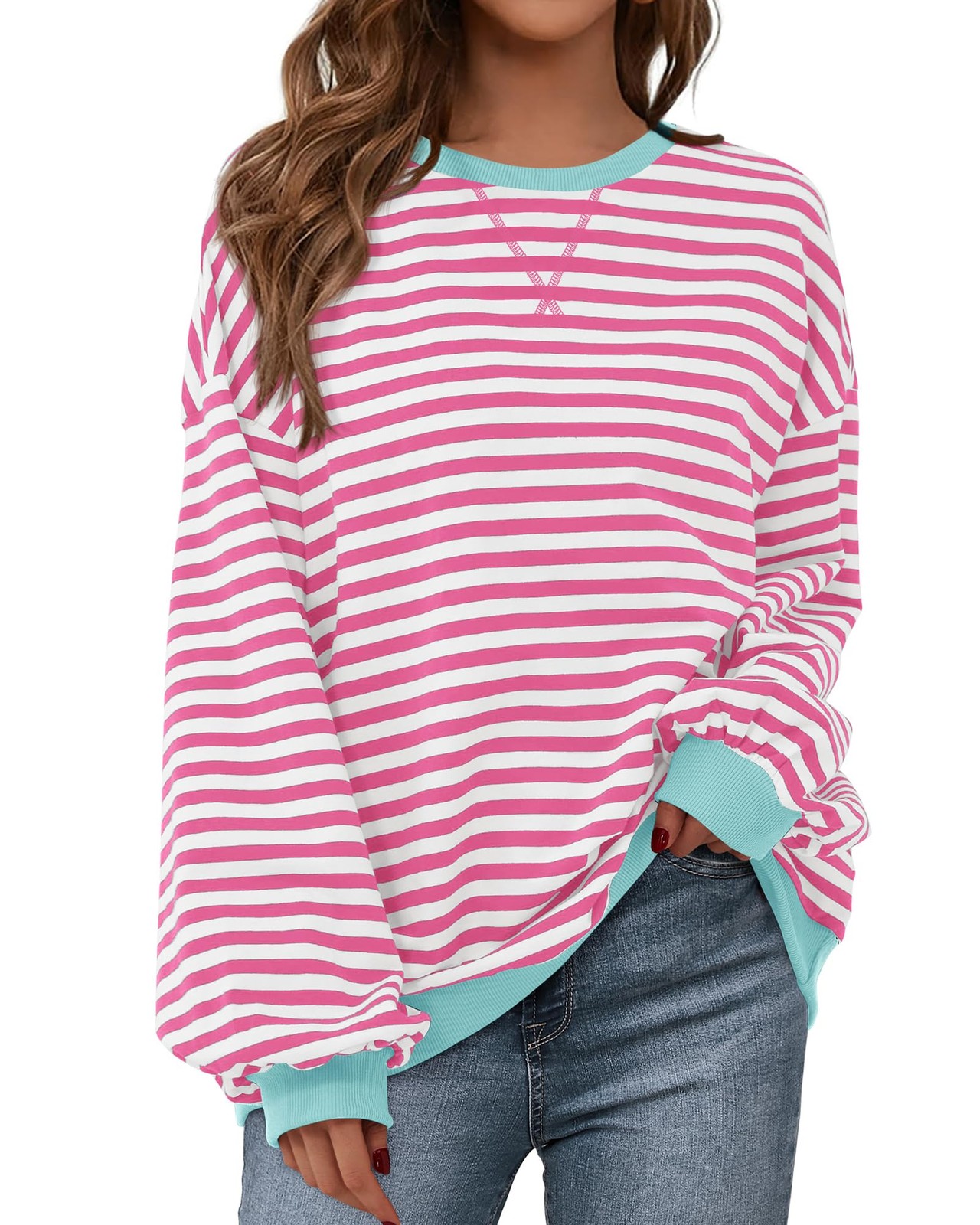 Sweatshirt For Women 2026 Summer Crewneck Long Sleeve Oversized Striped Pullo...-image