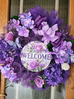 Summer Everyday WELCOME Wreath PURPLE Floral Butterflies 23 In. Handmade