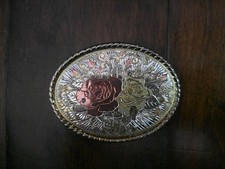 Vintage Western Rose Belt Buckle Silver Gold Tone Floral Design USA Made