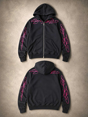 Herren Kapuzenpullover Hoodie schwarz pinke Druckgrafik Logo Zip Langarm 2XL