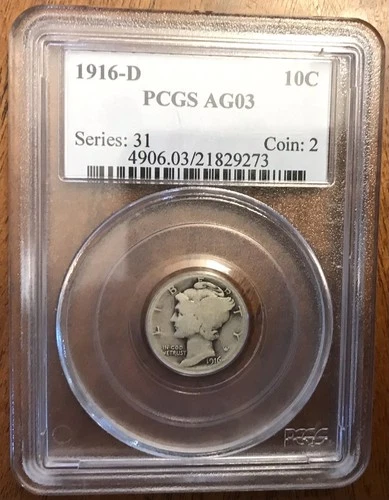 1916-D Mercury Silver Dime PCGS AG03 , Less than 264K Minted Extremely Rare.