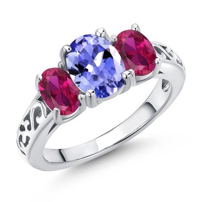 2.16 Ct Oval Blue Tanzanite Red Created Ruby 925 Sterling Silver Ring