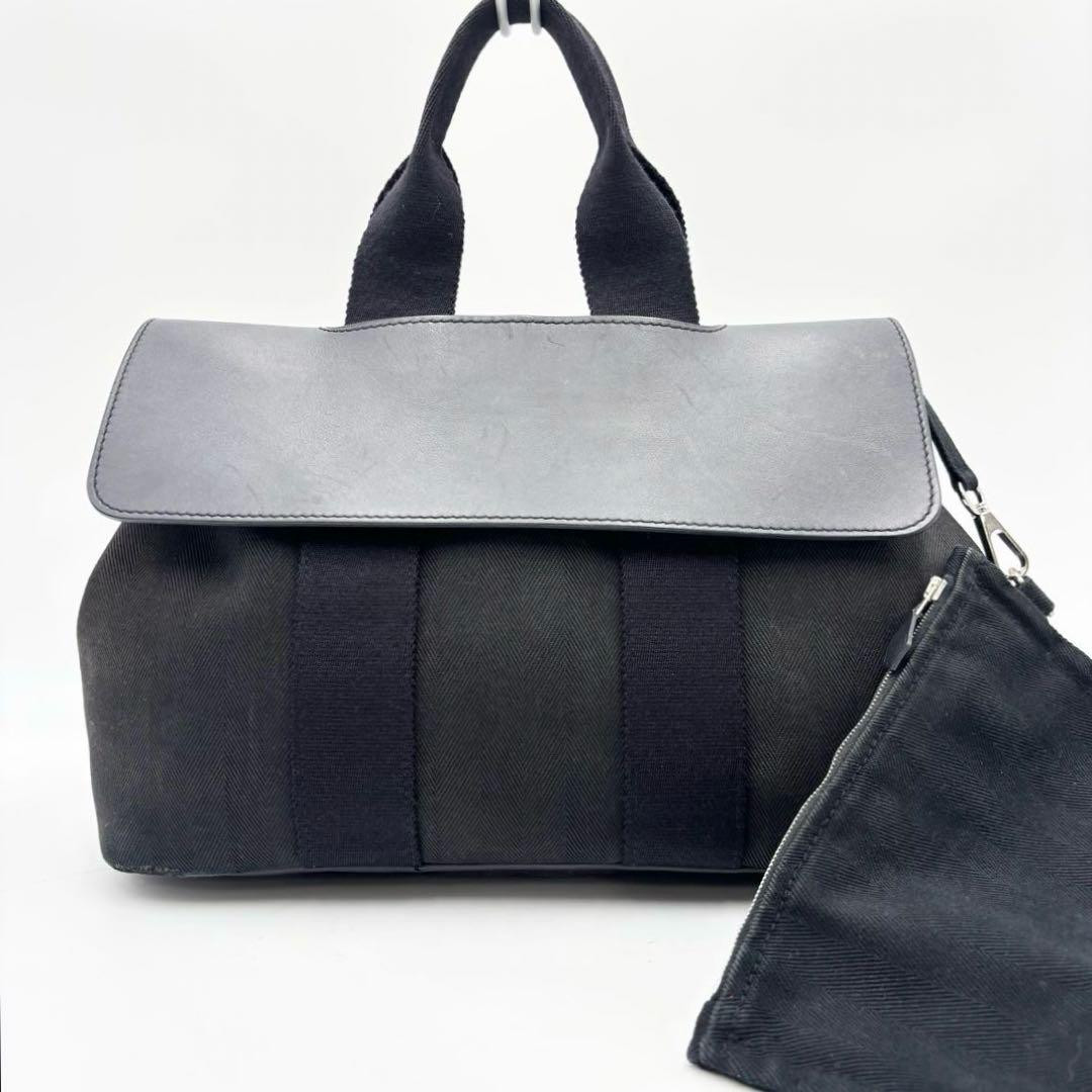 Hermes Valparaiso PM Canvas Leather Tote Bag Black 11.8