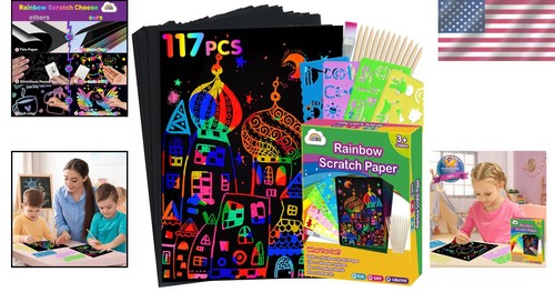 117Pcs Rainbow Scratch Paper Art Kit for Creative Kids Ages 3-12 - Safe & Fun! - Picture 2 of 8