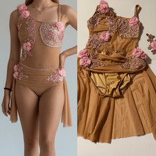 Tan custom solo Dance costume embellished one sleeve Leotard dress SA-Small adul