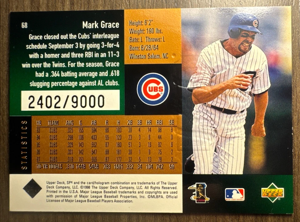 Mark Grace 1998 SPX  #68 Serial #’d 2402/9000 - Image 3 of 3