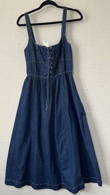 Blu Pepper Denim Midi Dress Lace Up Front Cottagecore Boho Medium | eBay