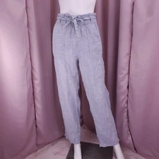 C&C California Women's Linen Striped Belted Straight Leg Paperbag Pants Medium