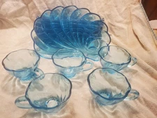 12 PC Hazel Atlas Glass Capri Blue Colonial Swirl Seashell 7 Plates & 5 Cup Set