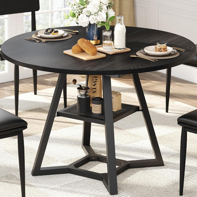 43'' Round Dining Table for 4 - Space-Saving Black Wood & Metal Design