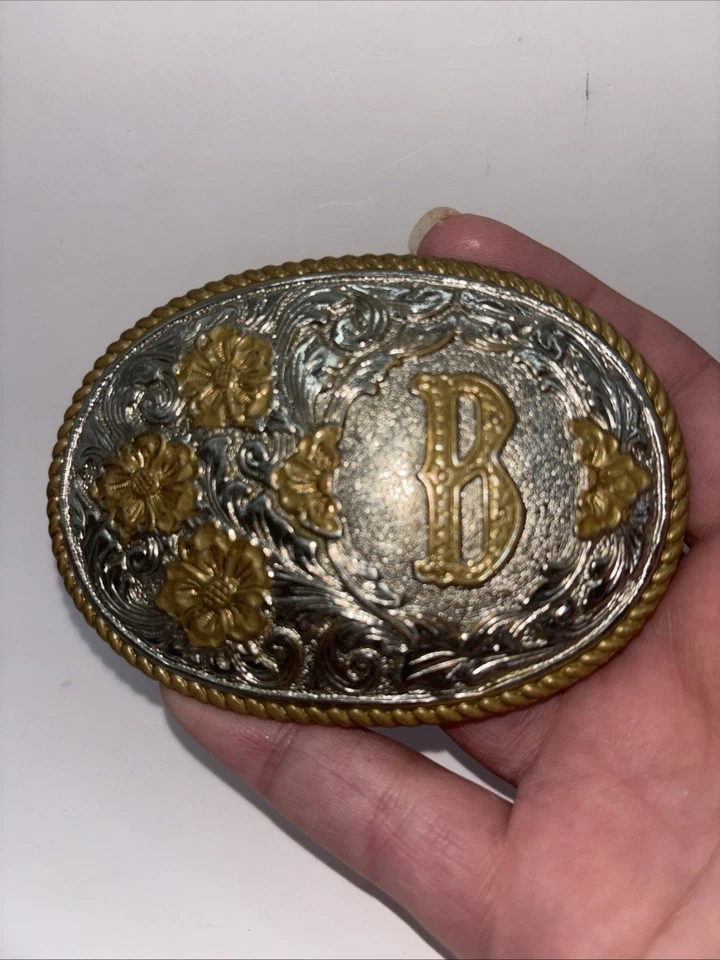 VTG  Crumrine Western Belt Buckle Monogram Letter B Silver Gold  Belt Buckle - Image 3 of 4