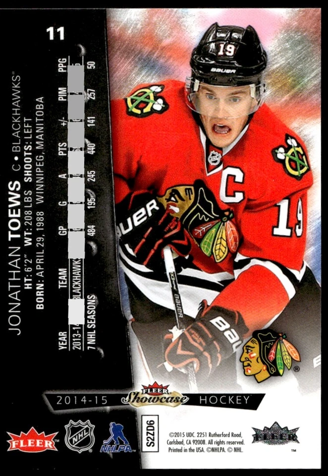 2014 FLEER SHOWCASE JONATHAN TOEWS 11 MINT METAL UNIVERSE CHICAGO BLACKHAWKS - Image 2 of 2