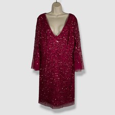 Adrianna Papell Women's Pink Sequins V-Neck Bell Sleeve Sheath Dress Size 16