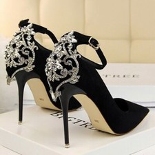 Women Rhinestone Pumps Stiletto Pointed Toe High Heels Ankle Strap Wedding Shoes