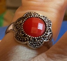 STUNNING Genuine RED Coral Gemstone Faceted Flower Ring Size 7 1/2, Daisy flower