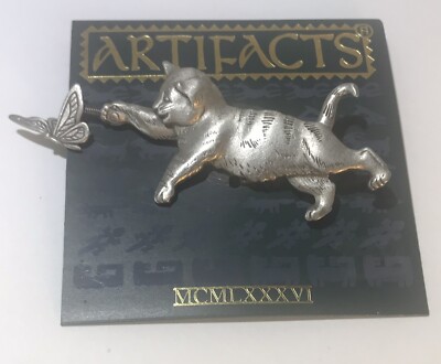 Vintage JJ ARTIFACTS CAT KITTY Chasing Butterfly Brooch Pin Pewter Tone On Card