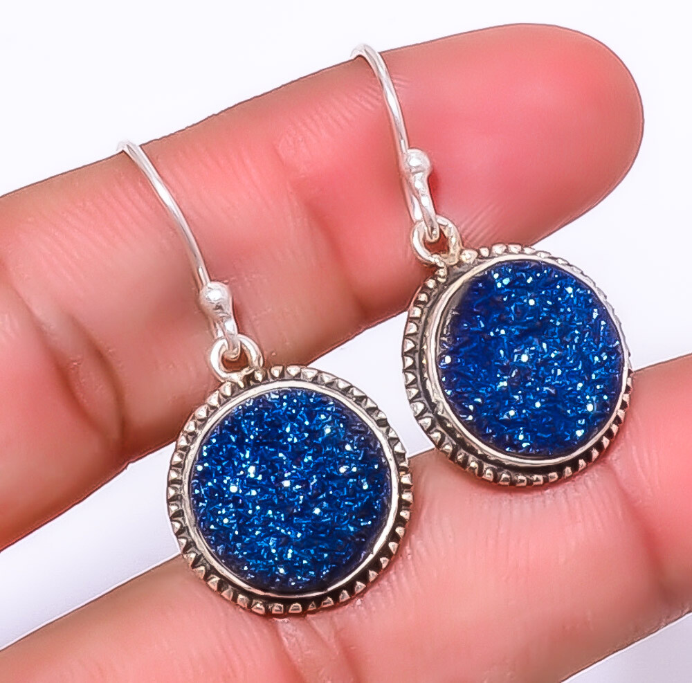 Titanium Blue Agate Drusy 925 Sterling Silver Handmade Drop Earrings 1.37 Inches A9