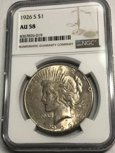1926-S silver U.S. PEACE DOLLAR, choice AU-UNC slider. NGC AU58. #aL019