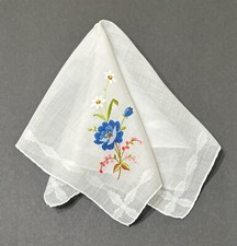 Blue Pink White Flowers Petit Point Vtg Hankie Handkerchief Rolled Edge Wedding