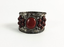 Silver Tone Cuff Bracelet with Brown Beads 2"
