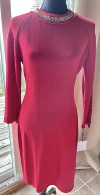 Calvin Klein Red Long Sleeve Gold Tone Chain Embellished Knit Sheath Dress  Large | eBay