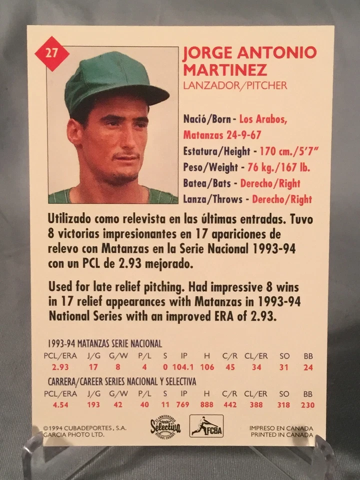 1994 Cuba Cuban Select Card #27 Jorge Antonio Martinez Occidentales - Image 2 of 2