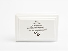 MDF Wood Cremation Ashes Pet Urn Casket Paws Design Fully Personalised White