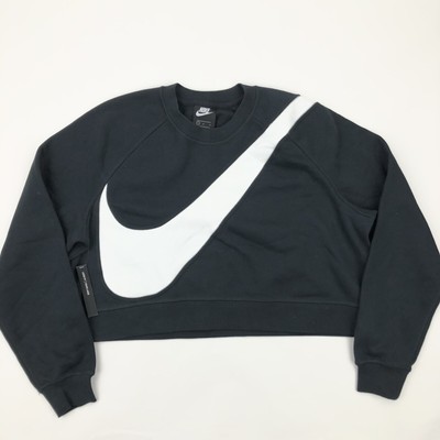 Nike Women's Cropped Swoosh Fleece Crew Sweatshirt Black White Sz L BV3933 011 | eBay