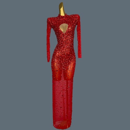 Red Crystal Rhinestones Long Prom Dresses for Women Girls Luxury Beaded Gown  | eBay