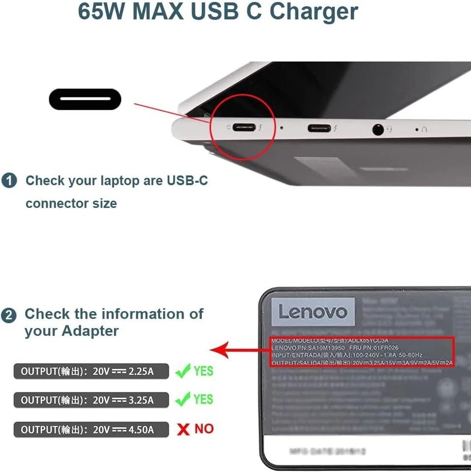 65W USB C Charger Fit for Lenovo Yoga 7i 9i 14" 15" 2 in 1 Laptop Power Cord - Image 3 of 4
