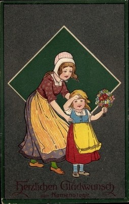 Artist Postcard Happy Name Day, Mother with Child, Bouquet of Flowers - 10541250