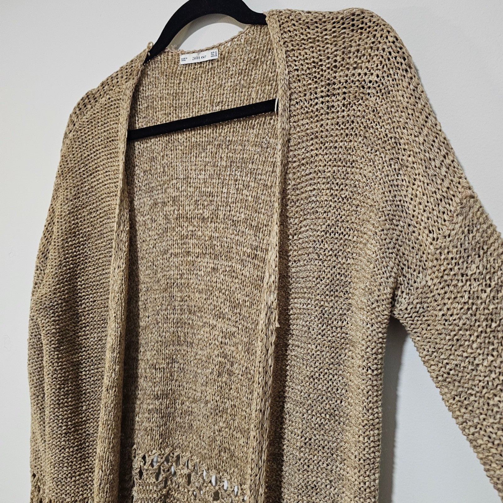 Zara Cardigan Womens Medium Tan Crochet Fringe Open Knit Boho Festival Sweater image 4