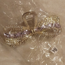 Gold Tone Metal Bow Alligator Hair Clip Purple & Clear Rhinestones Women's