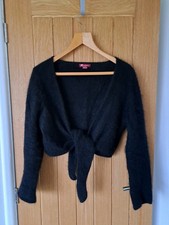 Monsoon Black Fluffy Bolero Shrug Angora Mix UK Size 16 Tie Front Cropped