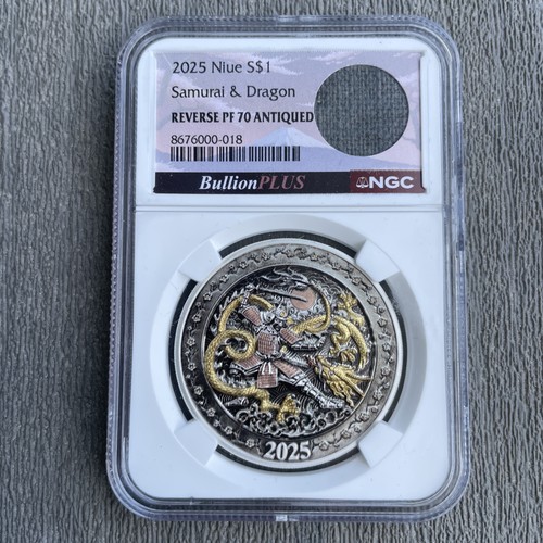 2025 $1 REVERSE PROOF ANTIQUED SILVER SAMURAI & DRAGON NGC PF70 KIMONO JACKET