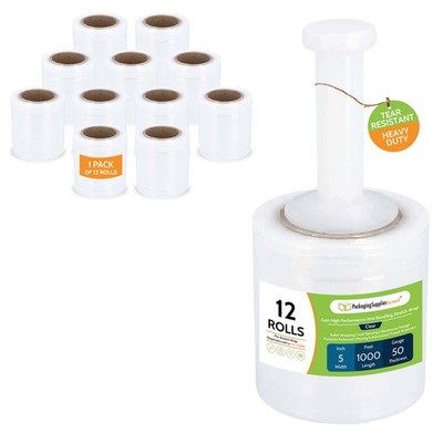 5'' in. x 1000FT 80 EQ 12 Rolls Stretch Shrink Film Hand Wrap + Handle