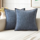 Set of 2 Throw Pillow Covers 18x18 Blue, Farmhouse Chenille W/ Stitched Edge