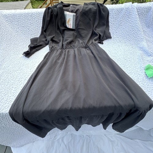 Prettygarden Black Chiffon A-Line Midi Dress V-Neck Puff Long Sleeve S