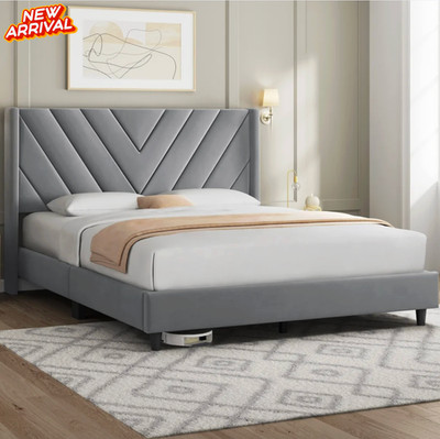 Base De Cama Tapizada Con Cabecero Queen Size Modernas Plataforma Gris En Oferta