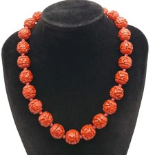 Cinnabar Bead Necklace Antique / Vintage Silver Gilt Clasp C 1920s Handknotted 