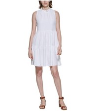 Calvin Klein Womens Pocketed Ruffle Crinkle Tiered Dress, White, 14
