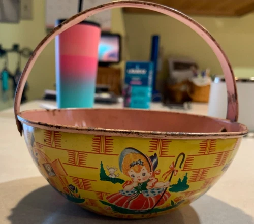 Vintage 1940s J. Chein Tin Litho Easter Basket Nursery Rhyme Theme Pink