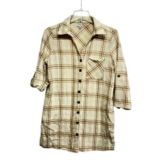 Cozy Co. by Cozy Casual Shirt Womens Small Beige Brown Plaid Button Front Tunic