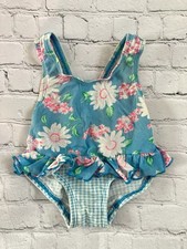 Vtg Blue Gingham Floral Baby Girl Swim Suit 12 Months Bow One Piece Made In USA