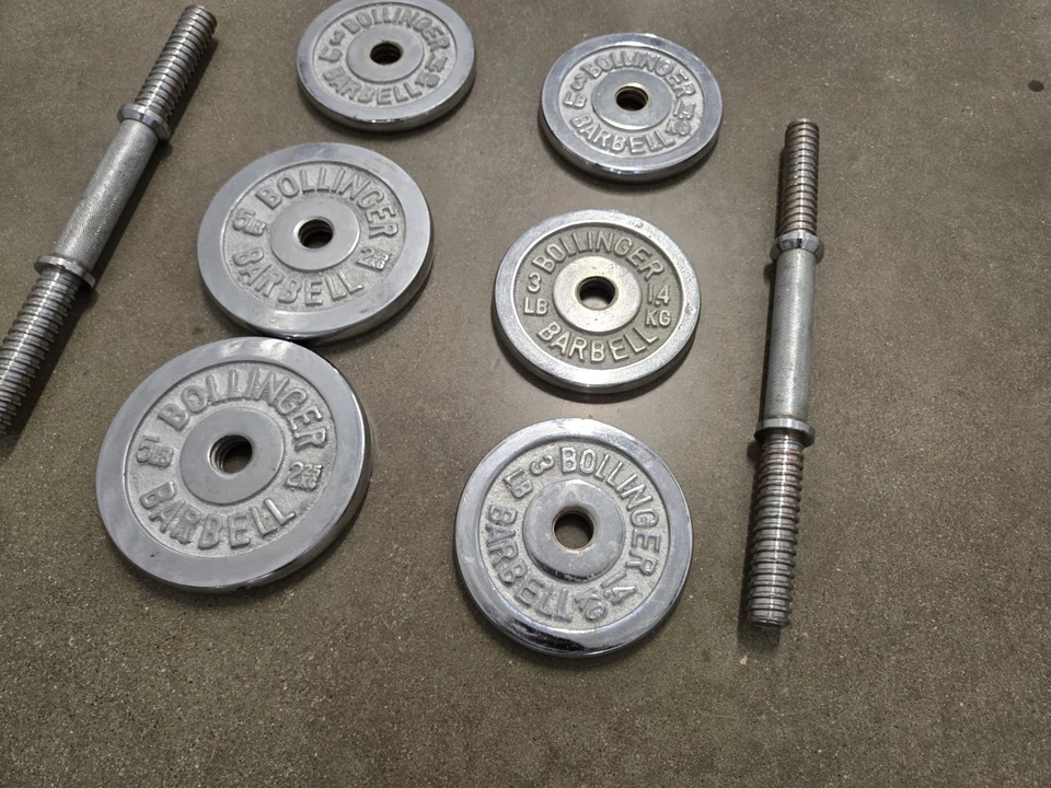Vtg Bollinger Dumbell 4 Plates Weights 3 lb 1.4kg 2 5lbs 2.25kg Chrome Threaded - Image 3 of 4
