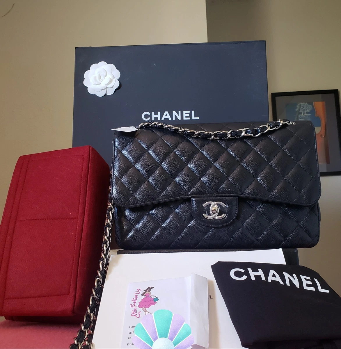 Chanel Black Quilted Caviar Jumbo Classic Double Flap Bag Silver Hardware