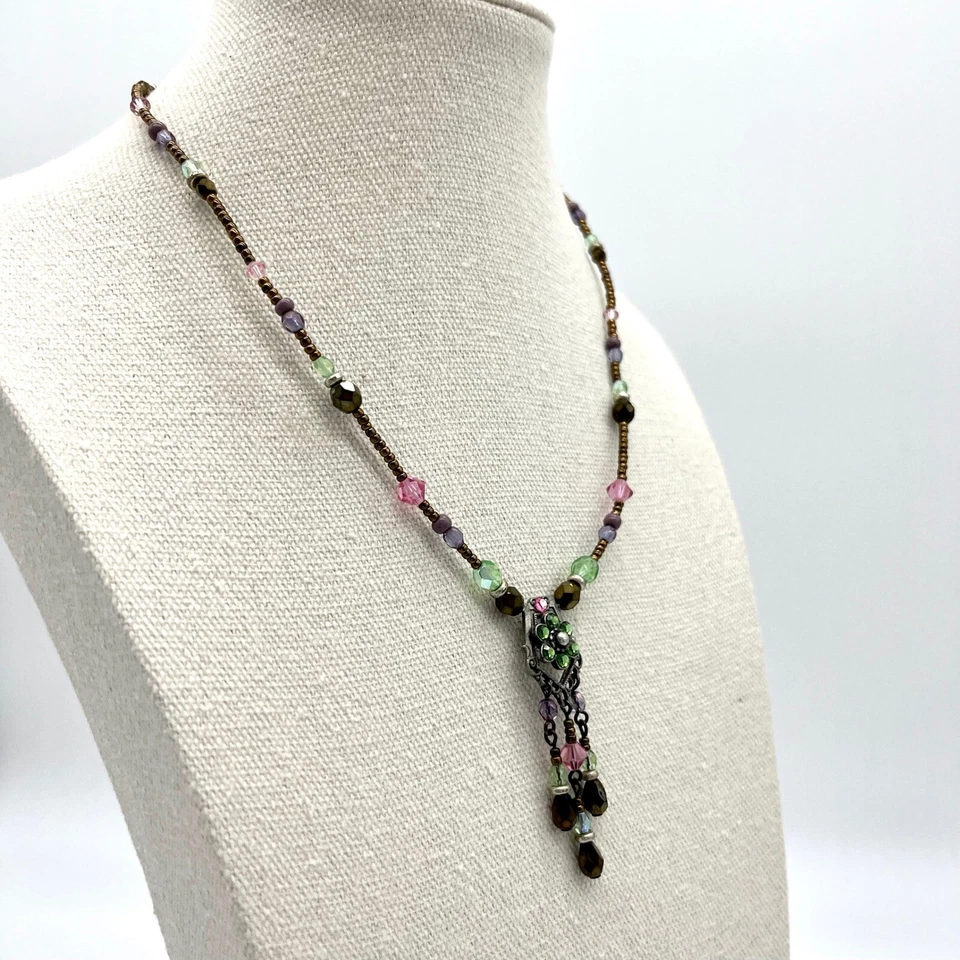 Collar Cuentas Colgante Verde Rosa Púrpura Tono Bronce Bisutería Foto 2 de 4